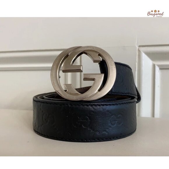 Auth Gucci Black Guccissima Leather Silver Interlocking G Buckle Belt 100/40 - Picture 12 of 13